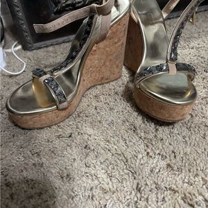 Jimmy Choo Gold and Tan Wedge Sandals